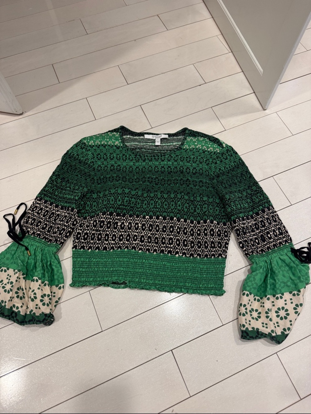 10 Crosby Derek Lam Green and Black Patterned Knit Top with Printed Bell Sleeves